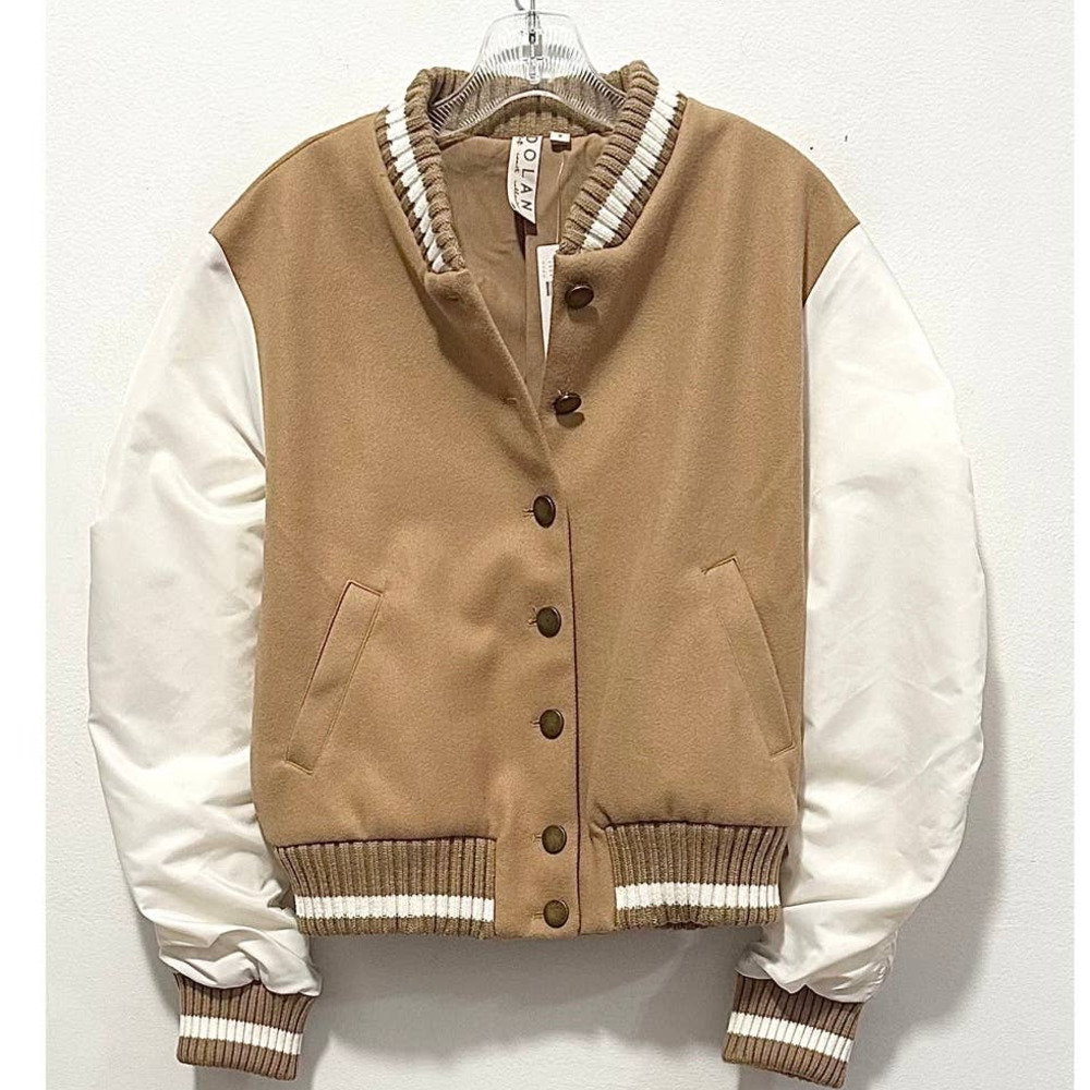 NWT: DOLAN LEFT COAST - Varsity Bomber Jacket In Camel with Ruched Sleeves - M - Picture 3 of 3
